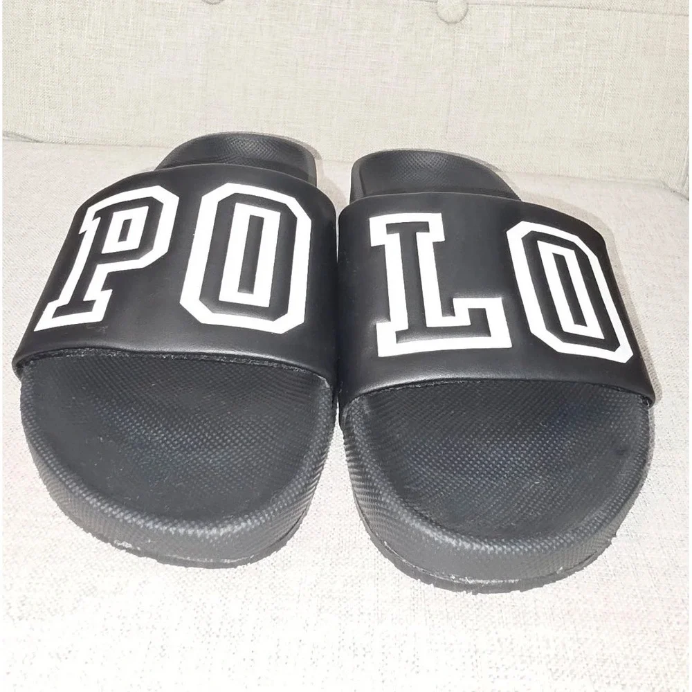 Polo Ralph Lauren Cayson Mens Slides Black White Logo Sandals Size 13 01087-D21